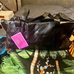 New Vintage Genuine Leather Patchwork Duffel Work School Tote Gym Bag Black